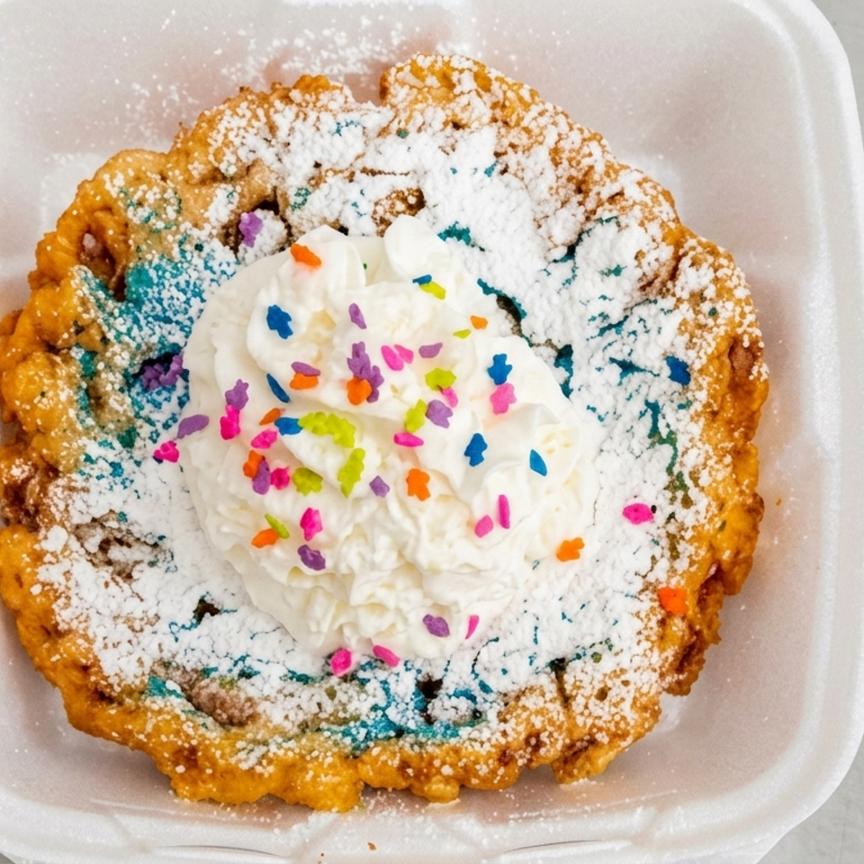 Fried dough dessert dusted with powdered sugar, topped with whipped cream and colorful sprinkles in a foam container.