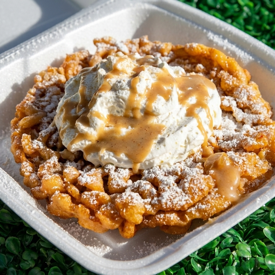 Funnel cake dusted with powdered sugar, topped with vanilla ice cream and caramel sauce in a takeout container.