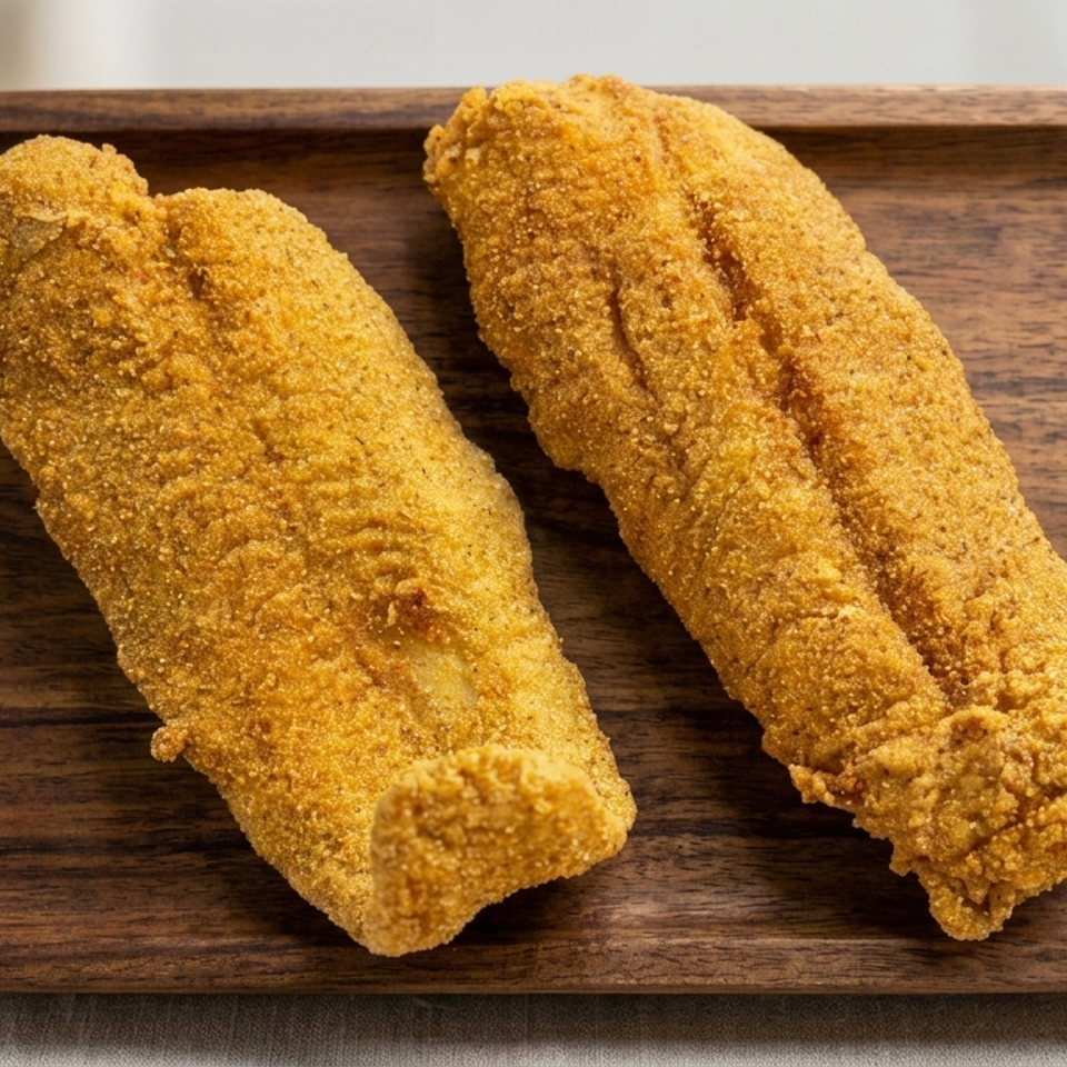 Two golden-brown breaded fried rolls served on a rectangular wooden tray.