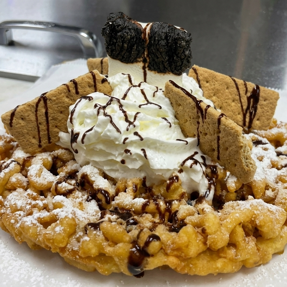 Fried dough dessert topped with whipped cream, powdered sugar, chocolate drizzle, cookie pieces, and chocolate-covered marshmallows.